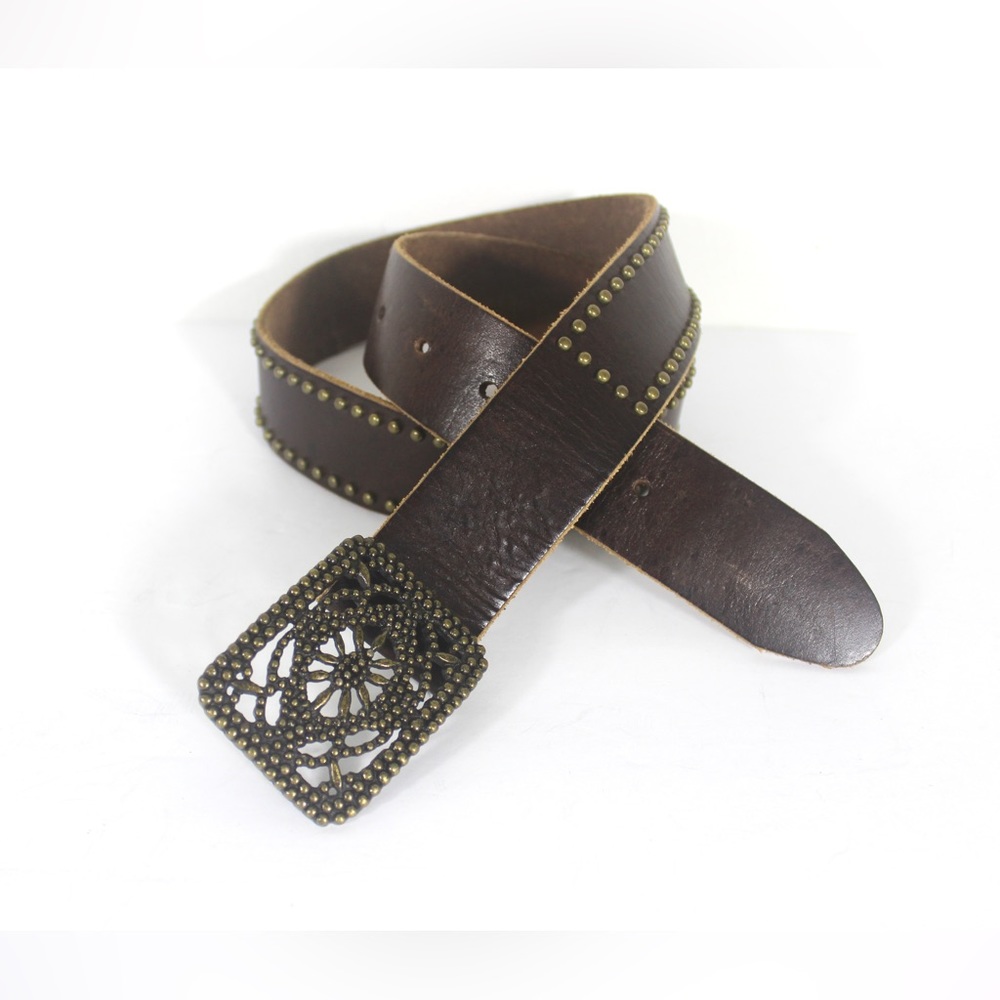 Vintage Studded Brown Leather Belt with Brass Studs and Buckle